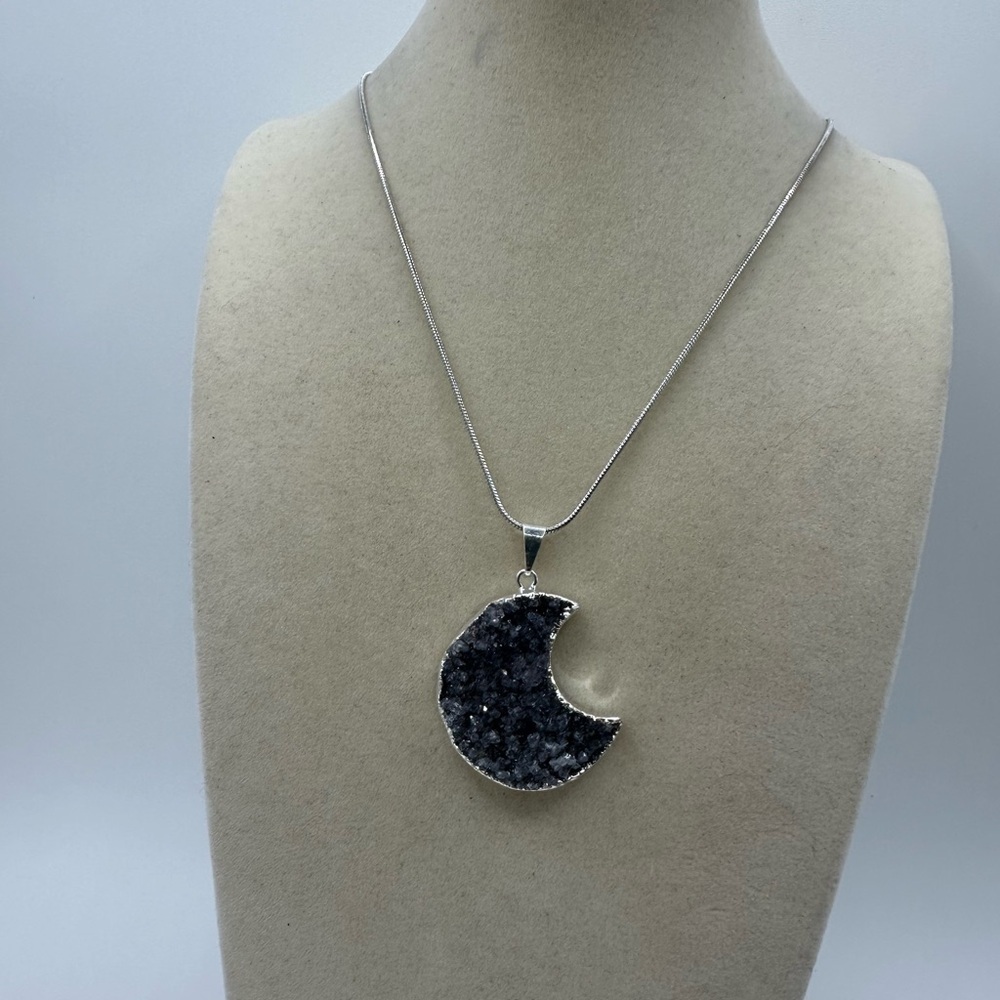 Silver Plated Druzy Amethyst Crescent Moon Pendant Necklace on Snake Chain - Picture 2 of 6